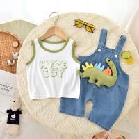 Baby sling sleeveless summer denim suit for boys and girls baby stylish cartoon air-conditioned clothing children's summer outerwear  Green
