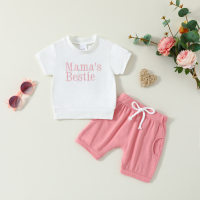 AliExpress best selling infant and toddler letter embroidered printed short-sleeved tops solid color shorts set available in two colors  Pink