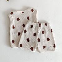 New summer baby clothes for children baby bear print suit baby two piece cotton  Apricot