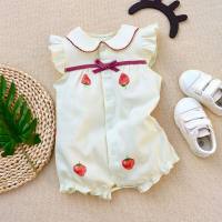 Summer baby short-sleeved jumpsuit summer crawling clothes small flying sleeve romper jumpsuit cotton cool pajamas  Beige