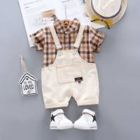 Children's clothing 2024 summer new small and medium-sized children's baby Korean version T-shirt plaid shirt suspenders short set one piece delivery  Beige