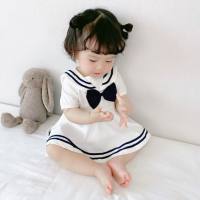 Summer new baby dress 6 baby girl sea breeze jk small skirt pure cotton cute foreign style 9 half sleeve clothes  White