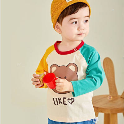 Camiseta para bebês de primavera e outono, manga comprida, algodão puro, fofa e moderna, para meninos e meninas, tops para uso externo para bebês