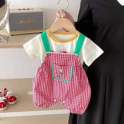 Baby girl cherry suit children's clothing baby T-shirt plaid overalls two-piece set