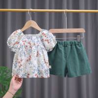 Summer baby fashion western-style little girl square collar floral two-piece set cute girl  Green