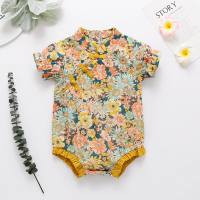 Baby clothes jumpsuit baby girl summer short-sleeved cheongsam floral princess romper  Yellow