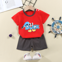 Verão novo algodão puro crianças de manga curta camiseta terno infantil bebê shorts de manga curta terno de duas peças  Vermelho