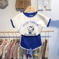 Korean version of children's clothing for infants and toddlers 2023 summer male and female babies cute cartoon Snoopy casual short-sleeved shorts suit  Blue