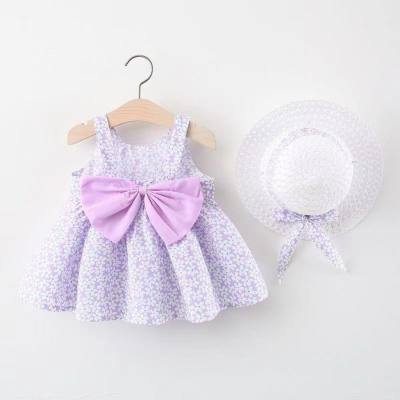 1030 Girls Dress Summer Children's Clothes Suspenders Sweet Bowknot Floral Printed Vest Dress with Hat Consignment