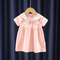 Cute bow tie children's clothing for baby girls summer half-sleeved jumpsuit for home outing  Pink