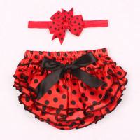 Spring and summer satin shorts in stock, pleated lace polka dot pattern baby pp pants, children's headband  Red