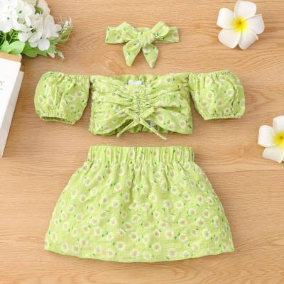 Summer new style baby girl square neck puff sleeve short top floral print suit skirt