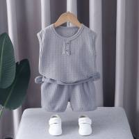 Infant and toddler simple summer sleeveless suit male and female baby wide shoulder suit outing clothes candy color two-piece suit  Gray