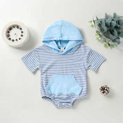Summer newborn baby boy girl jumpsuit casual short-sleeved hooded striped jumpsuit