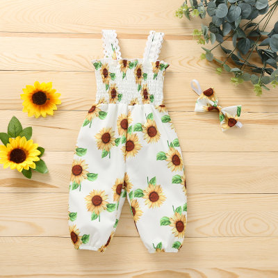 Baby-Mädchen-Sommer-Sonnenblumen-All-Print-Hosenträger-Overall + Haarschmuck