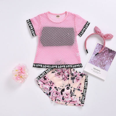 Baby girl clothing set mesh short-sleeved T-shirt black vest floral print bow shorts 3-piece set