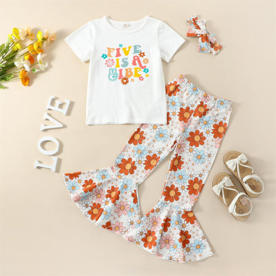 5-year-old baby girl’s birthday letter-printed short-sleeved shirt + all-over printed bell bottoms + headwear