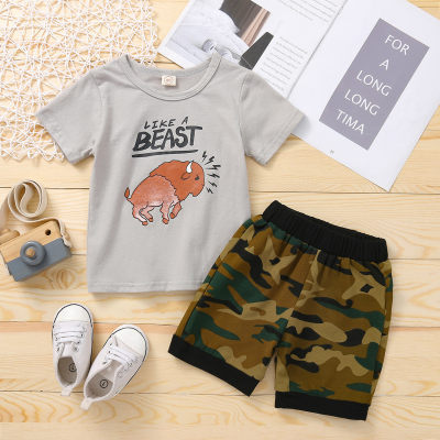 Sommer-Baby-Kleidung, kurzärmeliges Baumwoll-Camouflage-Hemd, Hose, 2-teiliges Set
