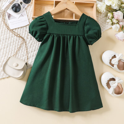 Baby Girl Solid Color Square Neck Short Puff Sleeve Dress