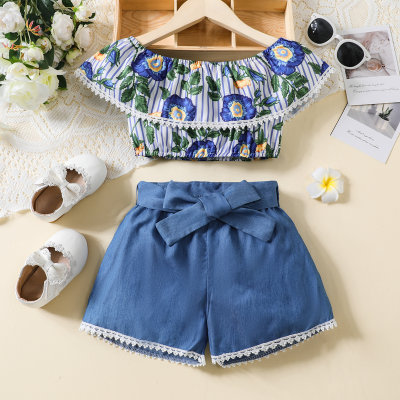 2-piece Toddler Girl Allover Floral Printed Lapel Patchwork Top & Bowknot Belted Shorts