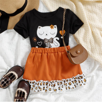 Toddler Girl Sweet Cute Cat T-shirt & Skirt