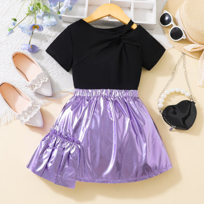 2-piece Toddler Girl Solid Color Short Sleeve T-shirt & Patchwork Skirt
