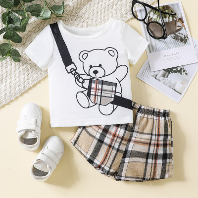 2-piece Baby Boy Bear and Plaid Bag Printed Short Sleeve T-shirt & Plaid Shorts