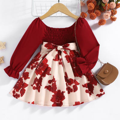 Toddler Girl Ruffled Solid Top & Floral A-line Bow Decor Skirt