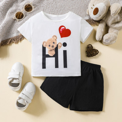 2-piece Baby Letter and Bear Printed Short Sleeve T-shirt & Solid Color Shorts