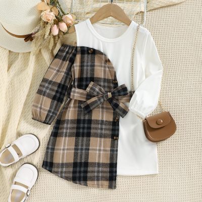 Toddler Girl Plaid Eleguard Asymmetric Dress & Belt