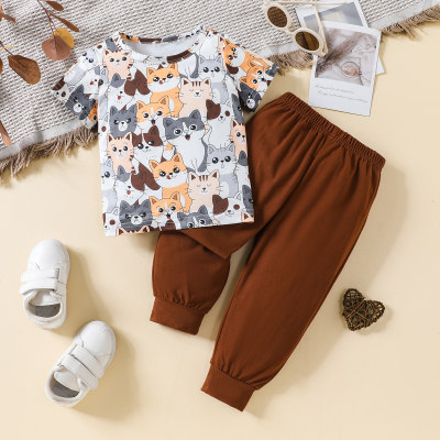 2-piece Baby Boy Allover Cartoon Animal Printed Short Sleeve T-shirt & Solid Color Pants