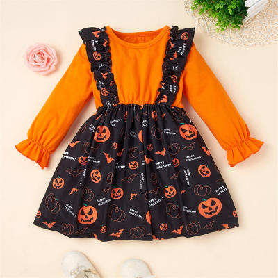 Toddler Halloween 2 In 1 Pumpkin Printed Long Sleeve Dress