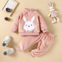 2-piece Baby Girl Flannel Rabbit Appliqué Patchwork Mock Turtleneck Top & Solid Color Pencil Pants  Pink