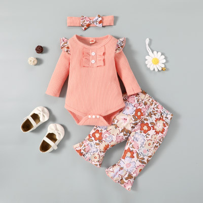 Baby Sweet Romper & Floral Pants with Headband