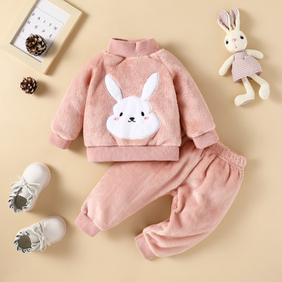 Conjunto de 2 piezas de franela para bebé niña con aplicación de conejo en patchwork con cuello alto y pantalones pitillo de color liso
