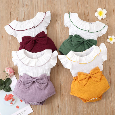Baby Girl Color-block Bow Decor Ruffle-sleeve Bodysuit
