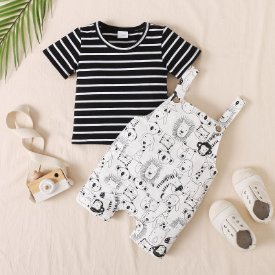 Conjunto de calças bibobi bebê fofo animal print preto e branco com tiras listradas