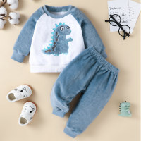 Baby Fleece-lined Color-block Applique Dinosaur Pattern Sweater & Pants  Blue