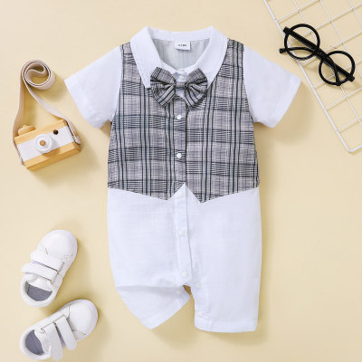 Baby Boy Gentleman Color-block Plaid Pattern Bow-knot Decoration Romper