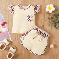 Baby Girl Color-block Leopard Ruffle-sleeve T-Shirt & Shorts  Apricot