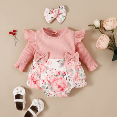 Baby Solid Color Floral Patchwork Long Sleeve Triangle Romper with Headband