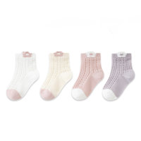 Pack of 4, children's mesh three-dimensional ear ultra-thin mid-calf socks  Pink