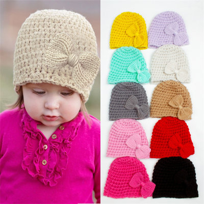 Baby Pure Cotton Solid Color Bowknot Decor Wool Cap
