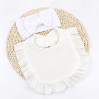 Baby gauze bow headband ruffled bib saliva towel set  White