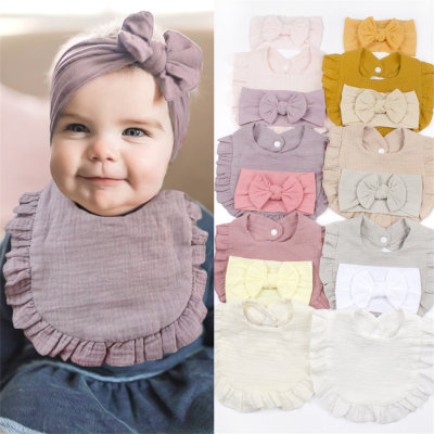 Conjunto de toalha de saliva com babador de gaze para bebê com faixa de cabeça e babados