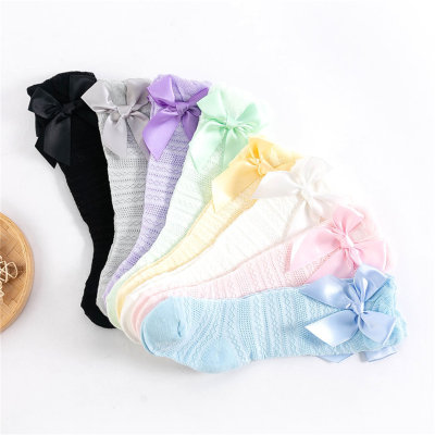 Solid color bow mesh socks