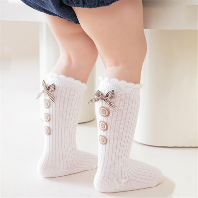 Baby Girl Pure Cotton Solid Color Button and Bowknot Decor Socks