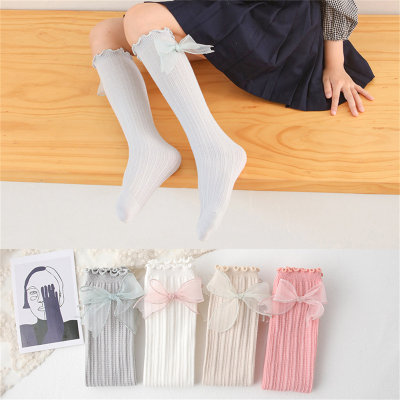Toddler Girl 100% Cotton Solid Color Ribbed Bowknot Decor Ruffle Stockings