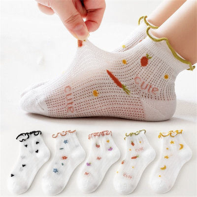 5 pares de calcetines infantiles de media pantorrilla con encaje y rejilla de flores