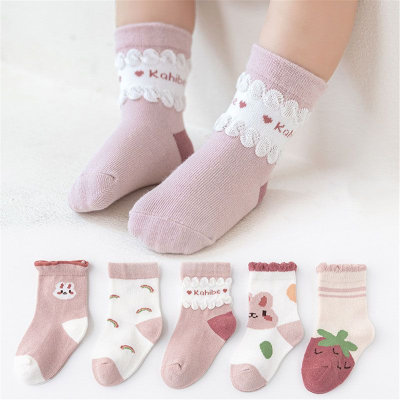 5-pair Baby Girl Pure Cotton Color-block Cartoon Pattern Socks